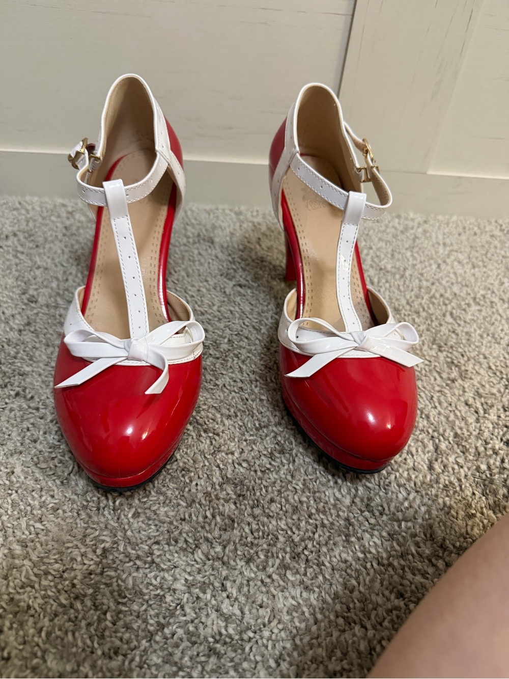 Red and White T-Strap High Heels with Bow